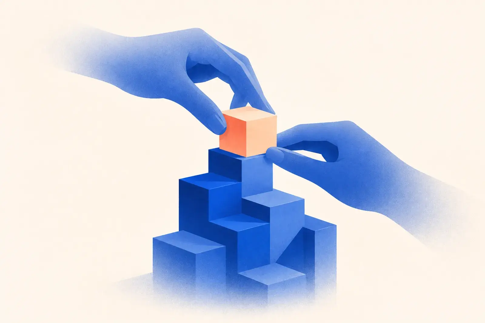 Two hands placing the final peach block onto a rising structure of blue blocks