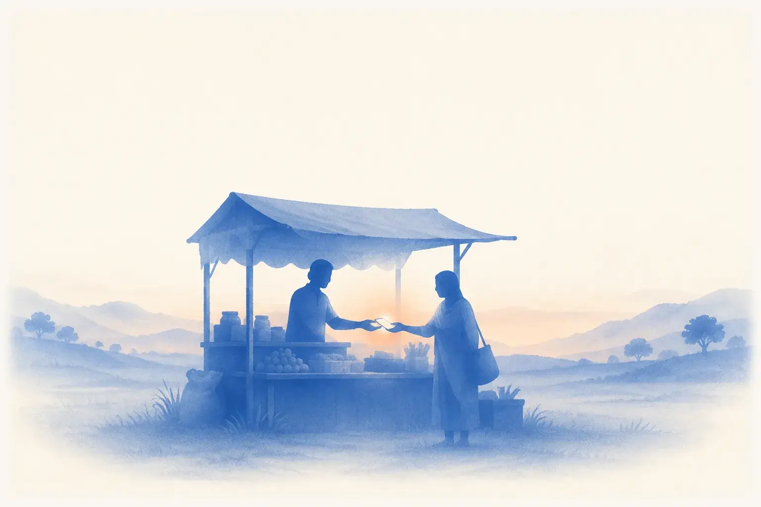 A seller passes a softly lit parcel to a customer at a blue market stall.