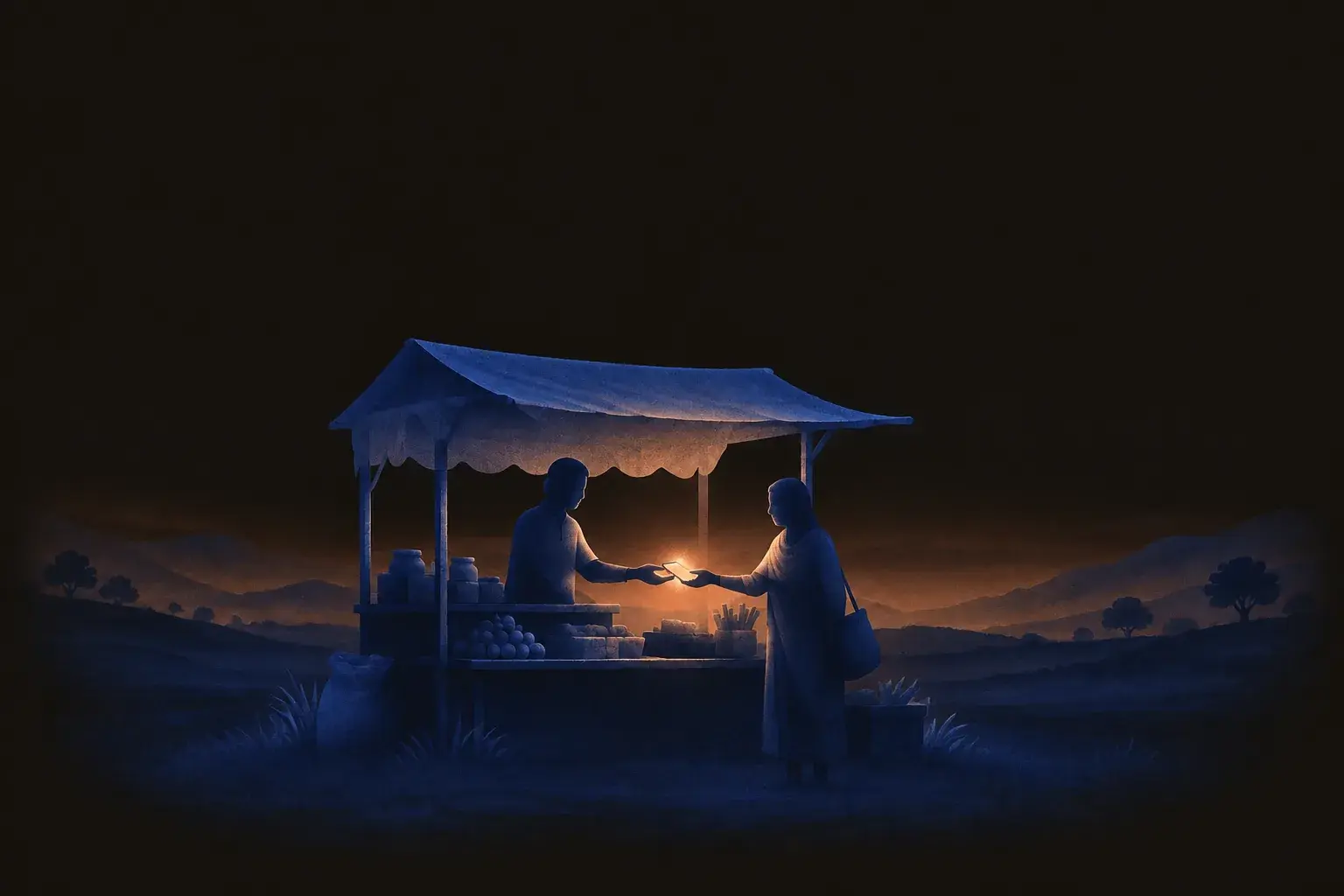 A seller passes a softly lit parcel to a customer at a blue market stall.