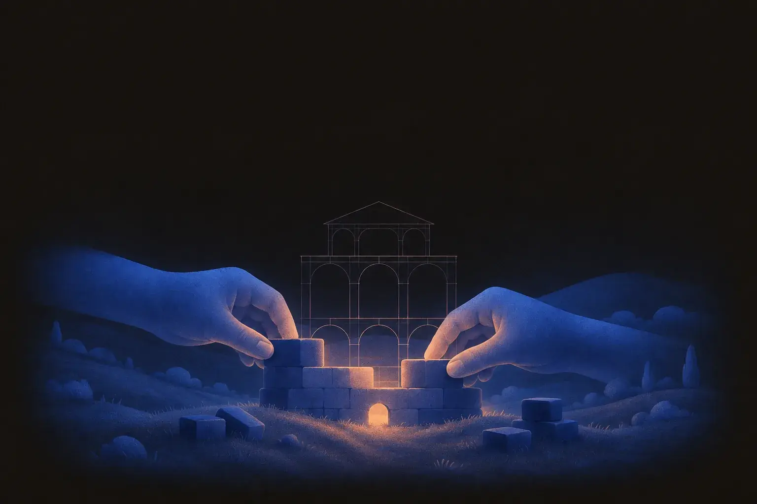 Hands setting the first solid blue blocks into a structure that is still a thin outline at the top.