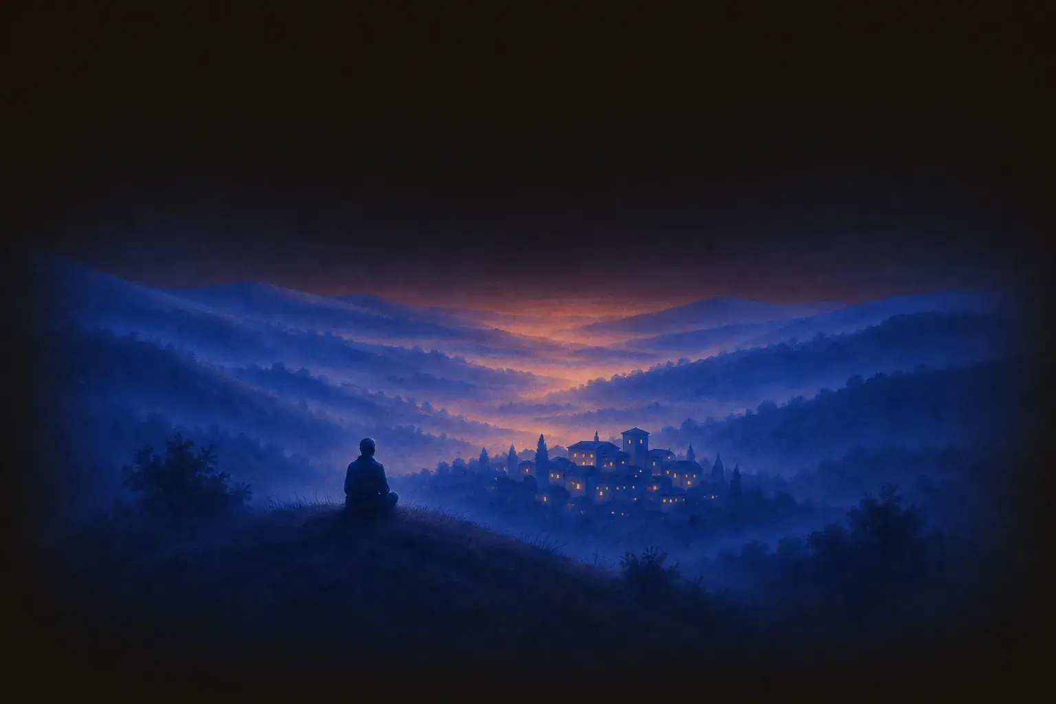 A figure seated on a hilltop at dawn, looking down at a small cluster of structures that run on their own.
