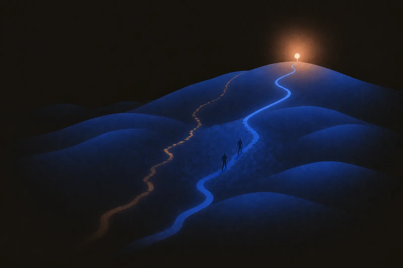Two paths climb the same hillside. The pale one fades in the rocky middle stretch. The blue one carries through to the lit marker at the top.