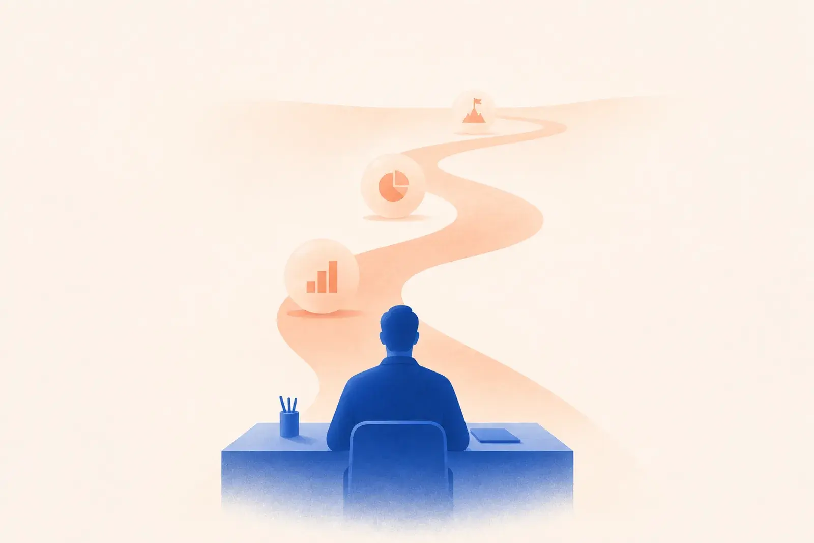 A figure at a desk facing a warm path that climbs through milestone markers