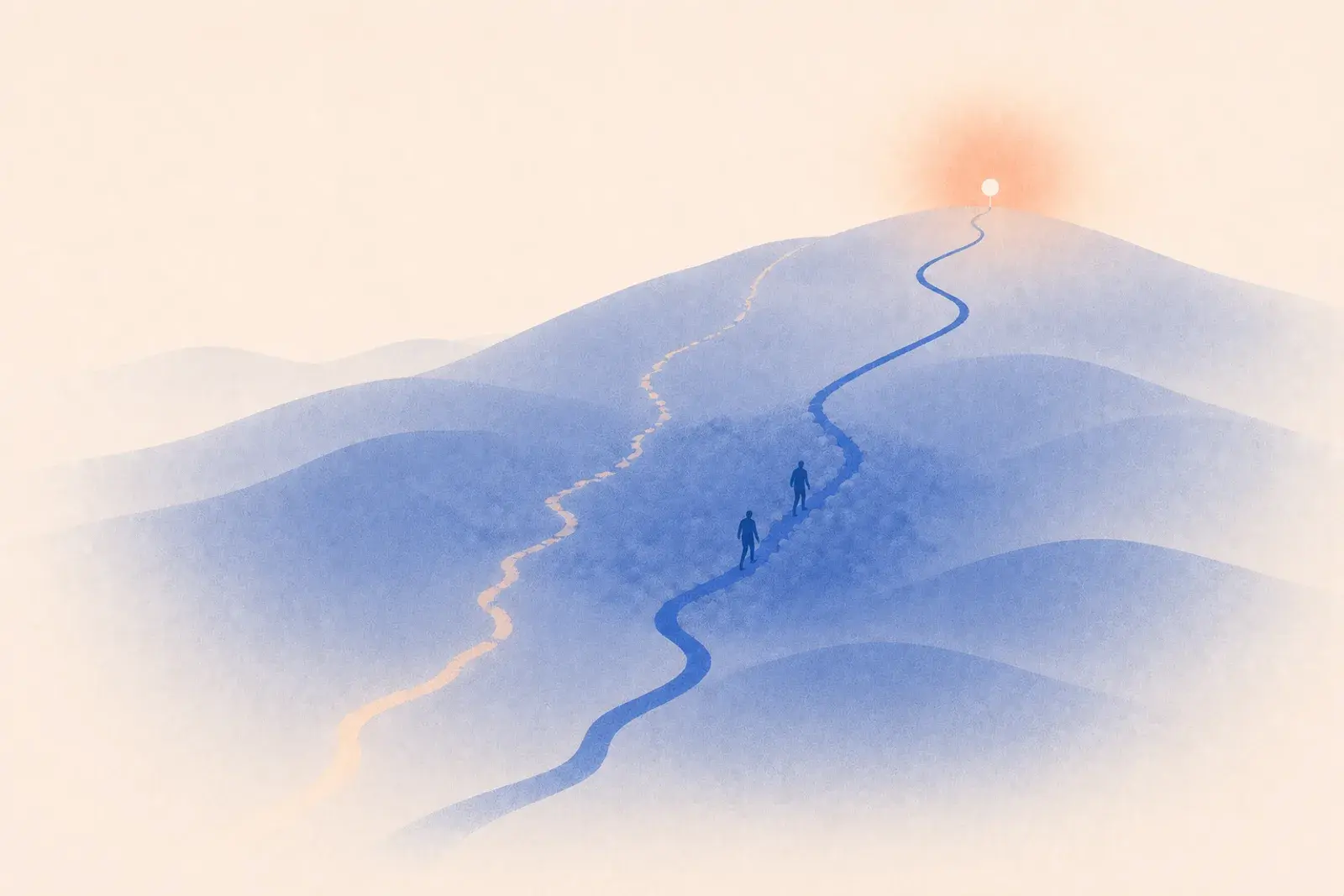 Two paths climb the same hillside. The pale one fades in the rocky middle stretch. The blue one carries through to the lit marker at the top.